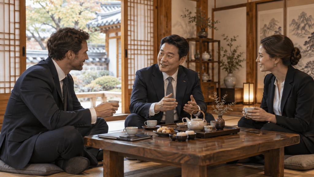 Three business professionals engaged in conversation while drinking tea in a traditional setting, featuring wooden decor and a garden view.