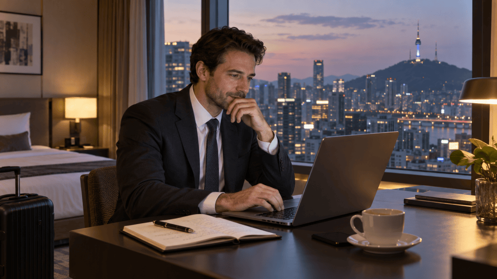 A businessman in a suit working on a laptop in a hotel room with a city skyline view at sunset.