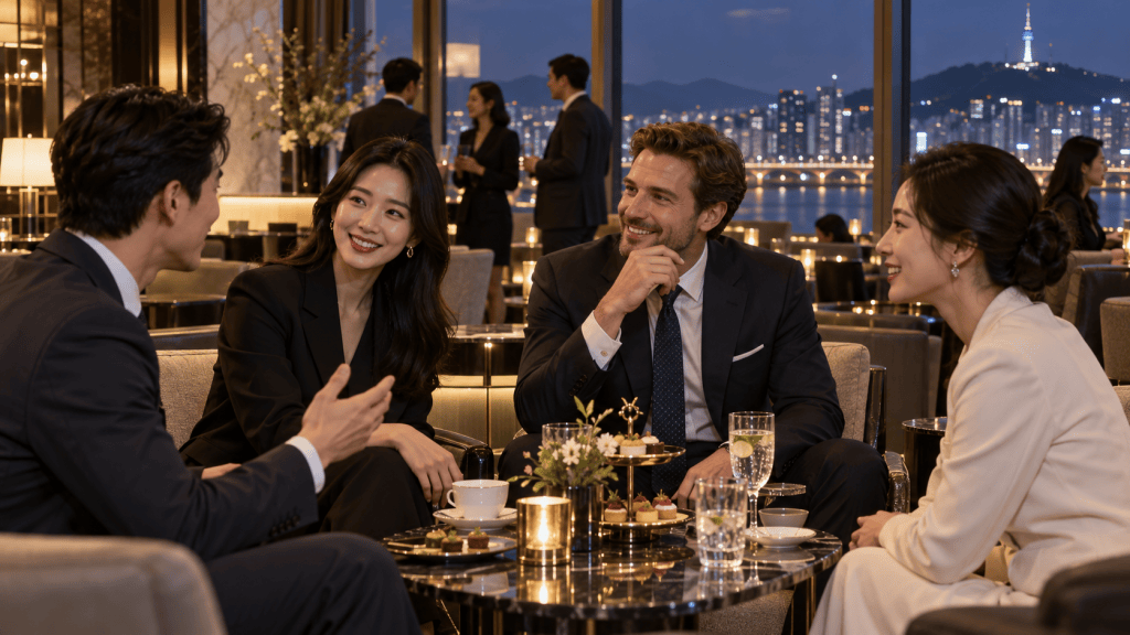A group of four professionals enjoying drinks and dessert in a luxurious lounge with a city skyline view at night.