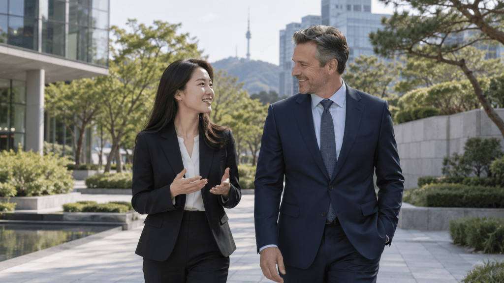 Two professionals walking outside in business attire, engaging in conversation, with greenery and modern buildings in the background.