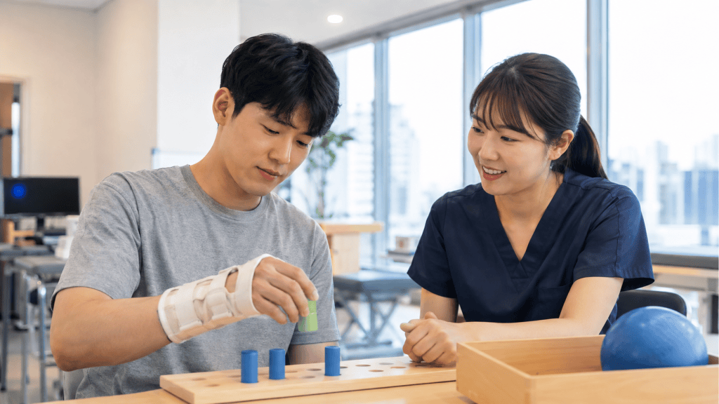 A young man with a bandaged wrist is engaged in a therapeutic activity, stacking colored blocks, while a smiling female therapist observes attentively in a bright rehabilitation setting.
