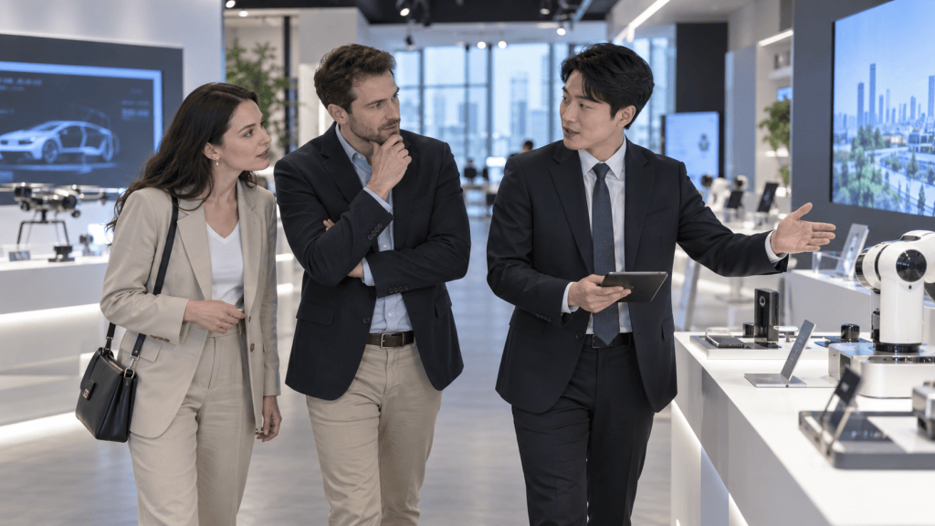 A business professional explaining product features to two interested clients in a modern showroom, showcasing various high-tech gadgets.