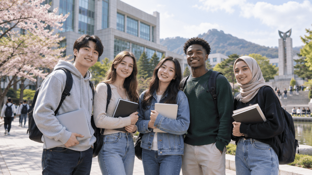 A diverse group of five university students smiling outdoors in front of a modern campus building, with cherry blossom trees in the background. They are holding laptops and books, showcasing a spirit of friendship and collaboration.