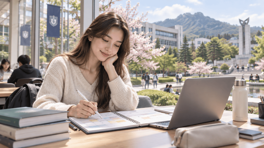 A young woman sits at a wooden table outdoors, smiling while writing in a planner. She has a laptop open in front of her and stacks of books nearby. Cherry blossom trees and university buildings are visible in the background.