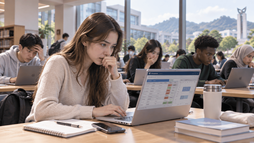A focused female student types on a laptop in a library setting, surrounded by other students also engaged with their laptops. The scene features a bright atmosphere with large windows showing outdoor greenery.