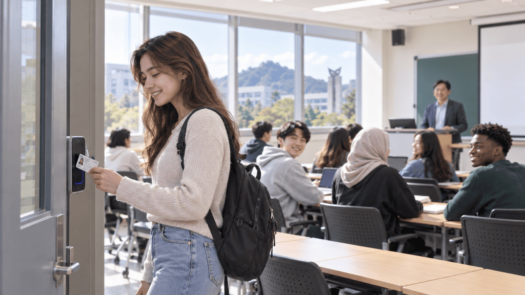 A student using an ID card to access a classroom, with fellow students seated at desks and a teacher at the front of the room.