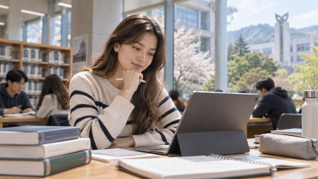 A student studying in a library with a tablet, surrounded by books and classmates. Natural light from large windows and cherry blossoms visible outside.