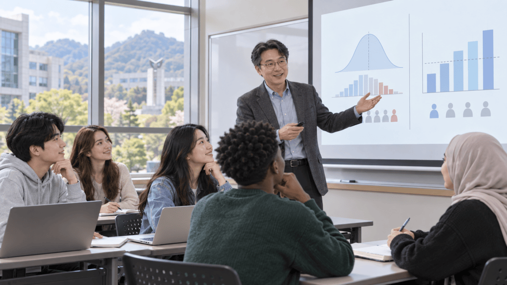 A teacher presenting statistical graphs to a diverse group of attentive students in a classroom setting.