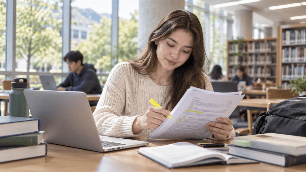 A student sitting at a library table, studying with papers, a laptop, and textbooks. She is highlighting a document and appears focused.