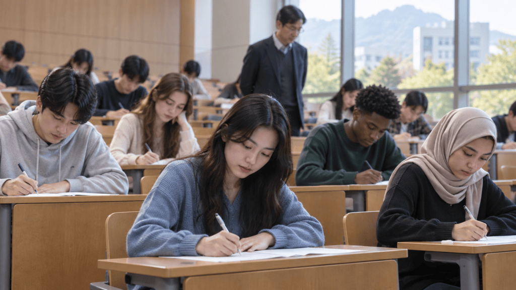 A group of students taking an exam in a classroom setting, with a teacher supervising. The students are focused on their papers, writing with pens, in a well-lit lecture hall.