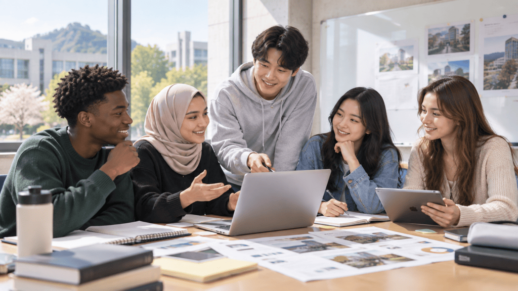 A diverse group of five students collaborating around a laptop, discussing ideas and sharing materials in a bright, modern study space.