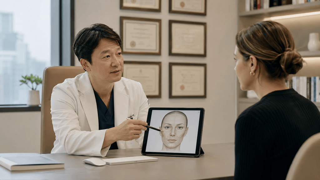A doctor explains facial anatomy using a tablet during a consultation with a patient in an office setting.
