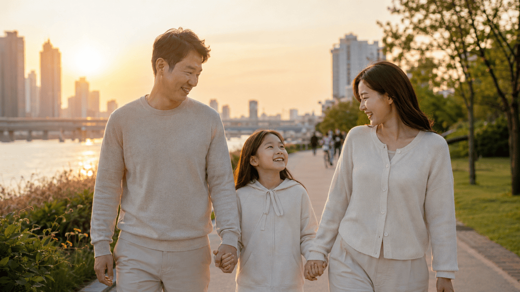 A happy family of three walking hand in hand along a riverside path during sunset, smiling at each other, with skyscrapers in the background.