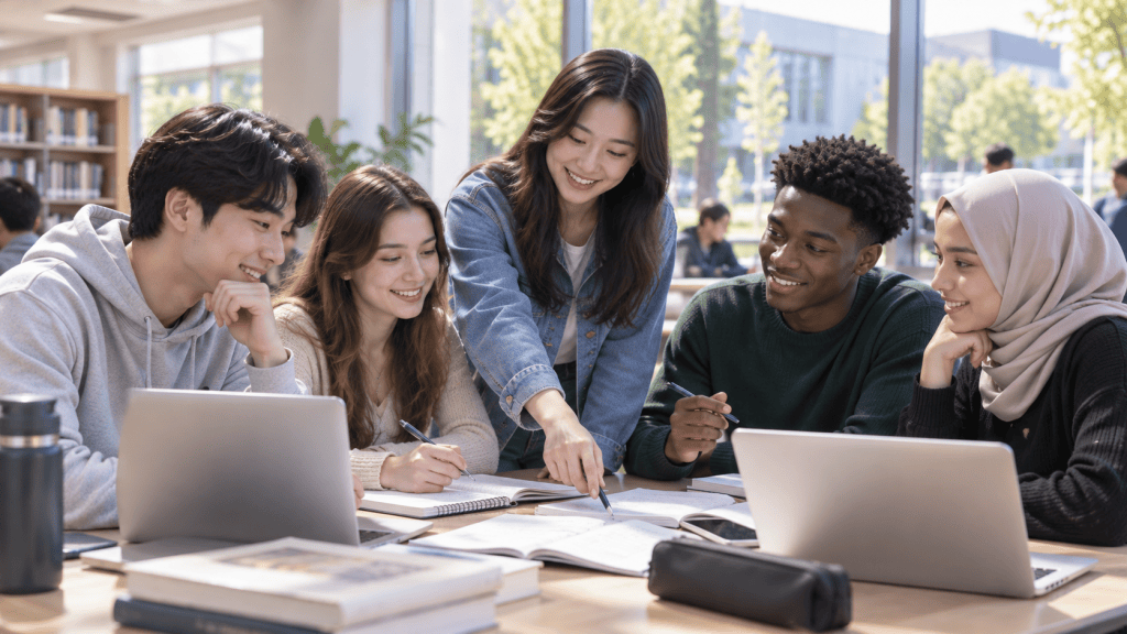A diverse group of five students studying together at a table in a library, looking at notes and laptops while collaborating on a project.
