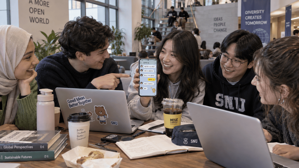 A group of five students gathered around a table in a modern study space, engaging and smiling as one student shows a smartphone screen with an app interface. Notebooks, laptops, and coffee cups are scattered on the table, emphasizing a collaborative learning environment.