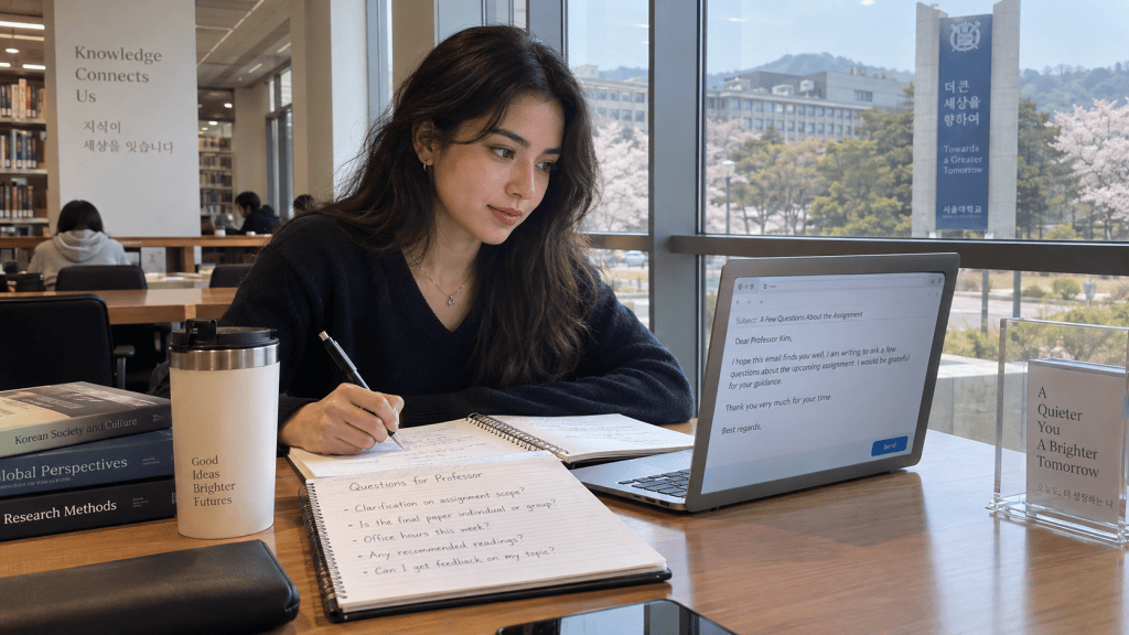 A student sitting at a library table, writing notes while looking at a laptop screen displaying an email to a professor. A coffee mug and books are visible on the table, with a large window showing a view of cherry blossom trees outside.