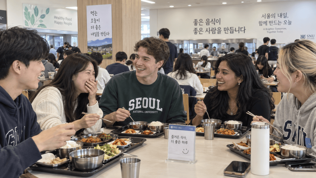 A group of five young adults laughing and enjoying a meal together at a cafeteria, with trays of food in front of them and a friendly atmosphere.