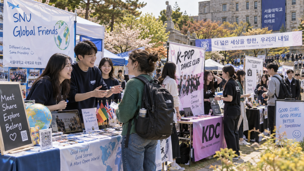 A busy university festival scene showcasing various club booths, including SNU Global Friends and K-Pop Dance Club, with students engaging and interacting.