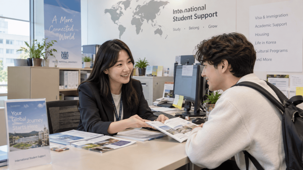 A staff member at the International Student Support office smiles while assisting a student with information materials. The setting includes informational brochures and signage related to academic and cultural support for international students.
