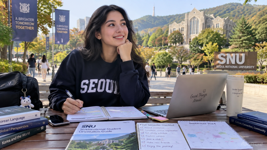 A student sitting at a table outdoors, studying at Seoul National University. They have various study materials, including notebooks and textbooks, while smiling and looking thoughtful. The campus is visible in the background, showcasing fall foliage and university buildings.