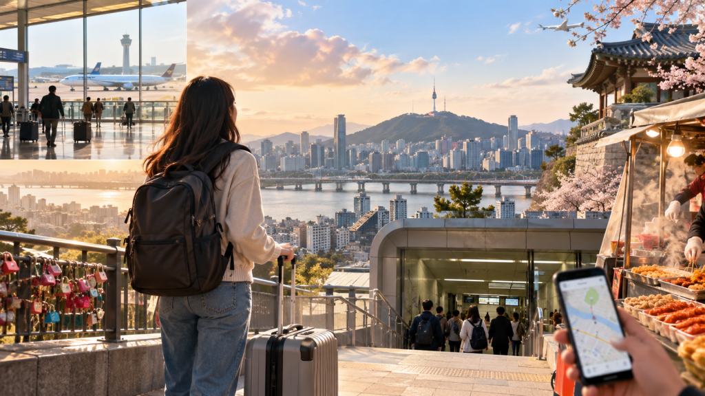 A traveler with a suitcase stands on a hillside overlooking a vibrant cityscape featuring a river and mountains, while holding a smartphone. In the background, an airport scene with planes and passengers is visible, showcasing the contrast between travel and local culture.