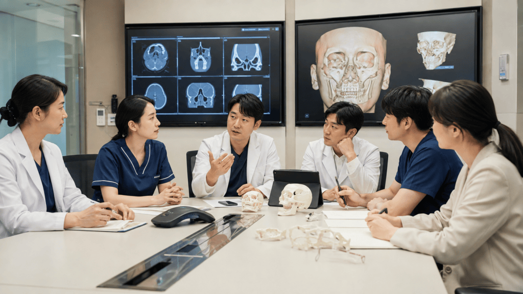 A team of six medical professionals discussing patient cases around a conference table, with digital images of skull scans displayed on a screen behind them.