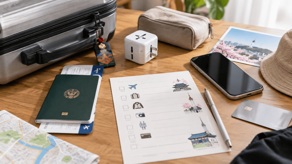 A travel planning scene featuring a suitcase, passport, smartphone, charging adapter, pen, checklist with travel icons, and a map on a wooden table.