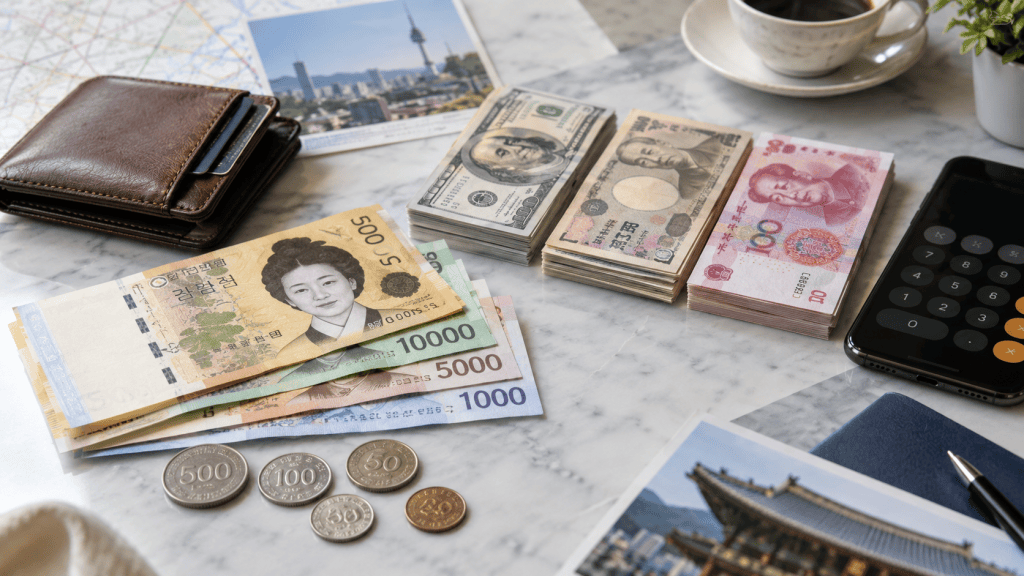 Variety of banknotes and coins on a marble table, including South Korean won, US dollars, and Chinese yuan, with a calculator and a coffee cup in the background.