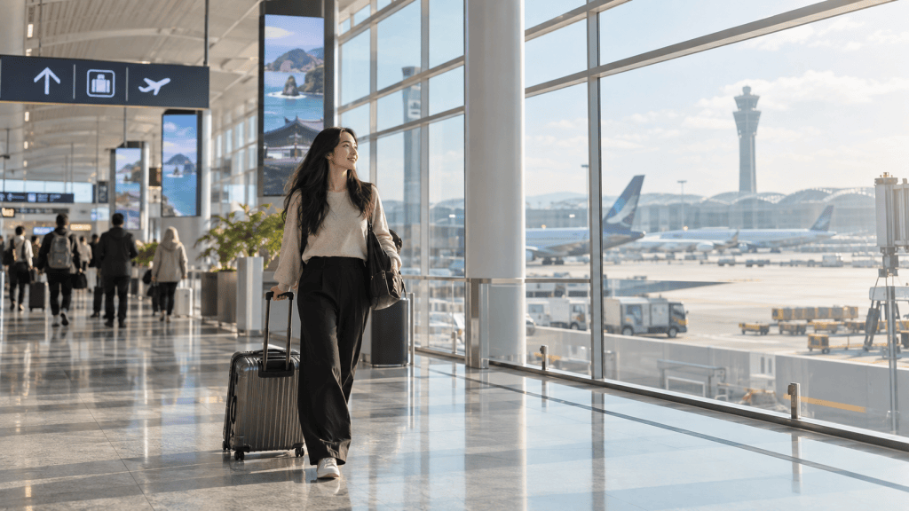 A woman walking through an airport terminal, pulling a suitcase, with large windows showing airplanes and the control tower in the background.
