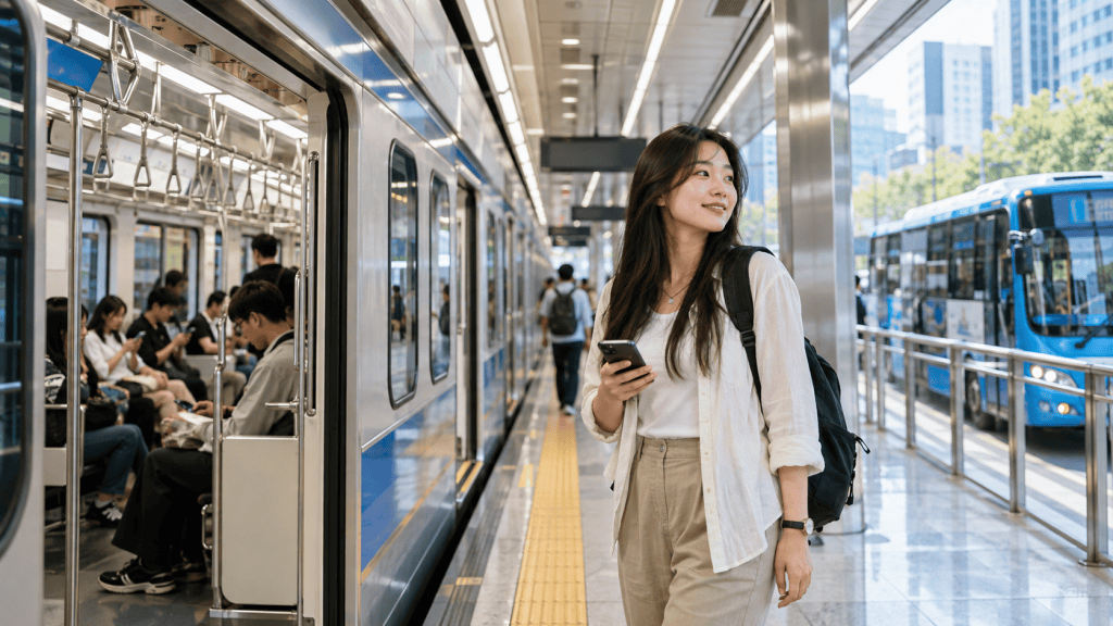 A young woman standing on a subway platform, looking at her smartphone, with subway doors open beside her and passengers seated inside. In the background, buses are visible along the street.