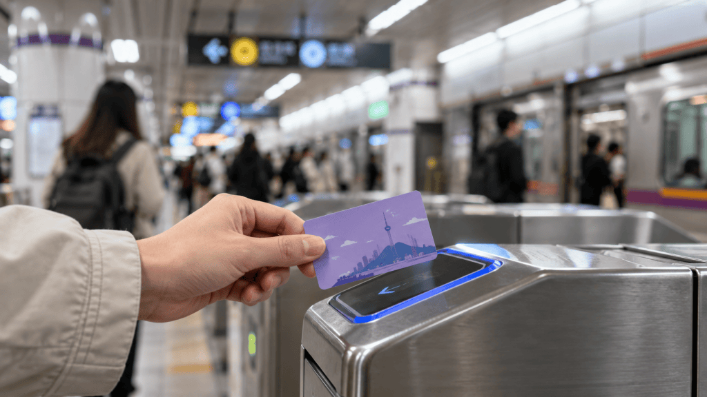 A person using a transit card at a ticket barrier in a busy subway station, with blurred commuters and subway trains in the background.