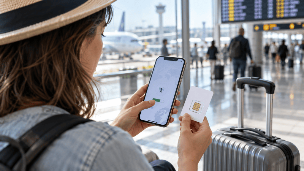A traveler at an airport using a smartphone to connect to the internet while holding a SIM card, with luggage in the foreground and airplanes in the background.