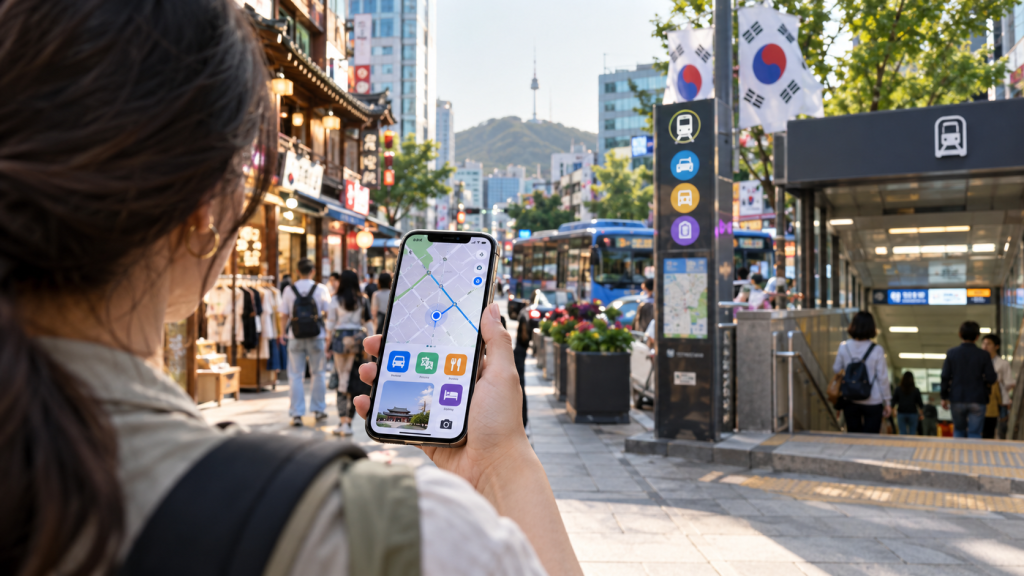 A person holding a smartphone displaying a map application in a bustling city street, with shops and people in the background. The iconic N Seoul Tower is visible on a distant hill.
