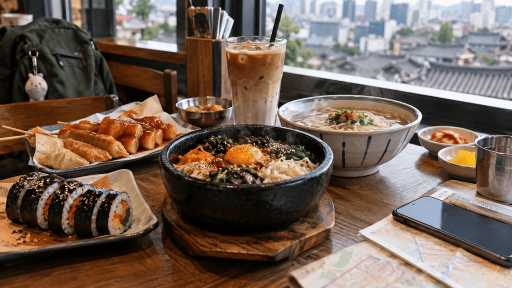 A table set with a variety of dishes including sushi rolls, skewered meats, a hot stone bowl with rice and vegetables topped with an egg, a bowl of noodles, and small side dishes. An iced coffee is also present, with a city view in the background.