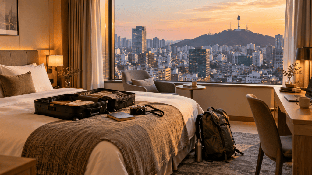 A cozy hotel room featuring a neatly made bed with a suitcase open on it, overlooking a cityscape at sunset with mountains and a tower in the background.