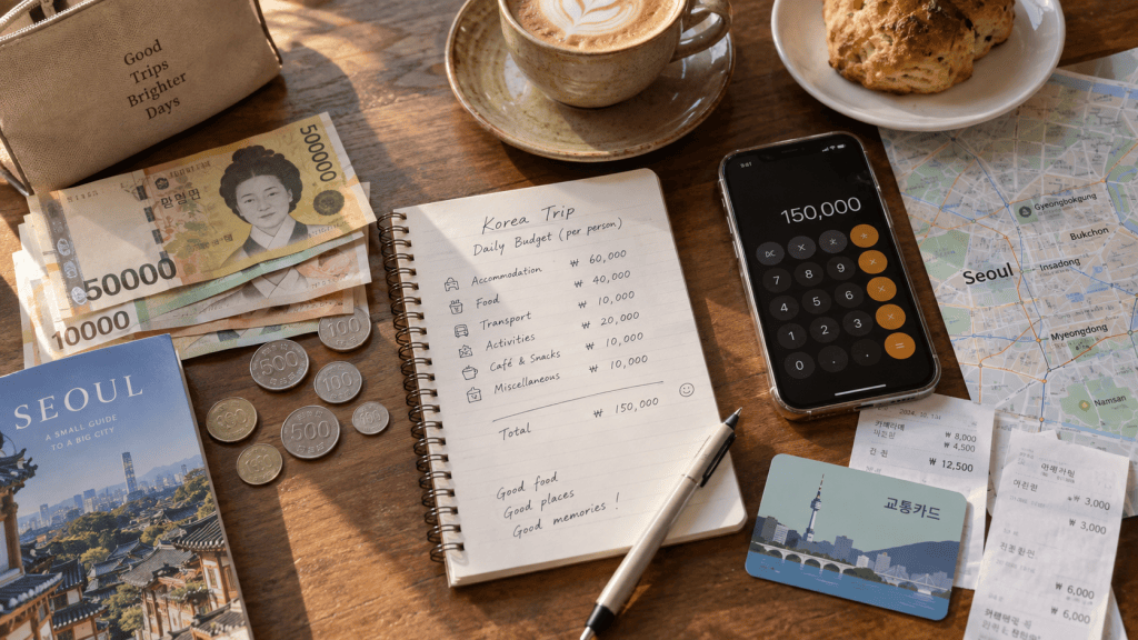 Flat lay of travel essentials for a trip to Korea, including South Korean currency, a notebook with a budget plan, a smartphone with a calculator, a map of Seoul, a guidebook, and receipts.