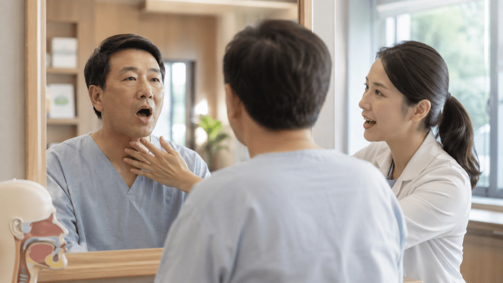 A healthcare professional examining a man's throat as he looks in the mirror, with medical charts and a model of human anatomy in the background.