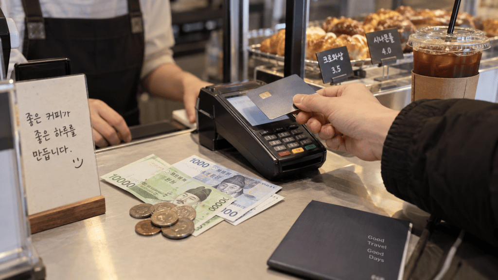 A person using a card to make a payment at a café counter, with banknotes and coins displayed on the countertop, and a takeaway coffee cup in the background.