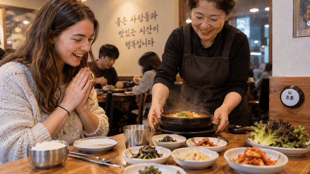 A smiling woman presenting a steaming Korean dish to a young woman with clasped hands, showcasing a table filled with various side dishes and rice in a cozy restaurant.