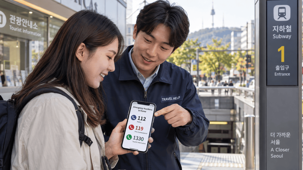 A tourist help staff member shows a woman emergency contact numbers on a smartphone outside a subway entrance in Seoul, with buildings and trees in the background.