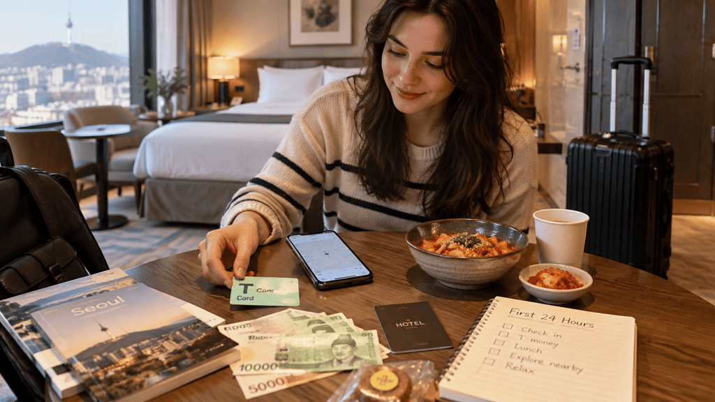 A young woman sitting at a table in a hotel room with a view of Seoul, examining a T-card. On the table are a phone, a bowl of food, and a notebook detailing her first 24 hours plan, along with cash and hotel information.