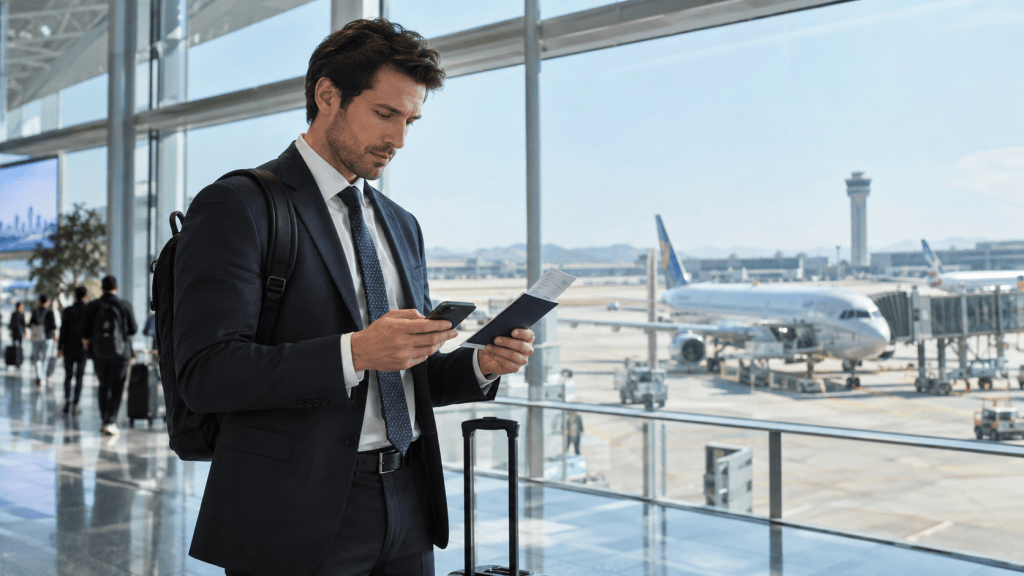 A businessman in a suit standing at an airport, checking his phone while holding a passport, with airplanes and the control tower visible in the background.