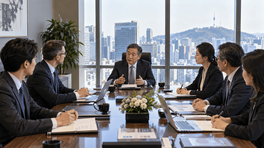 A business meeting in a modern conference room with a city skyline view. A group of six professionals in suits engage in discussion around a table with laptops and documents.