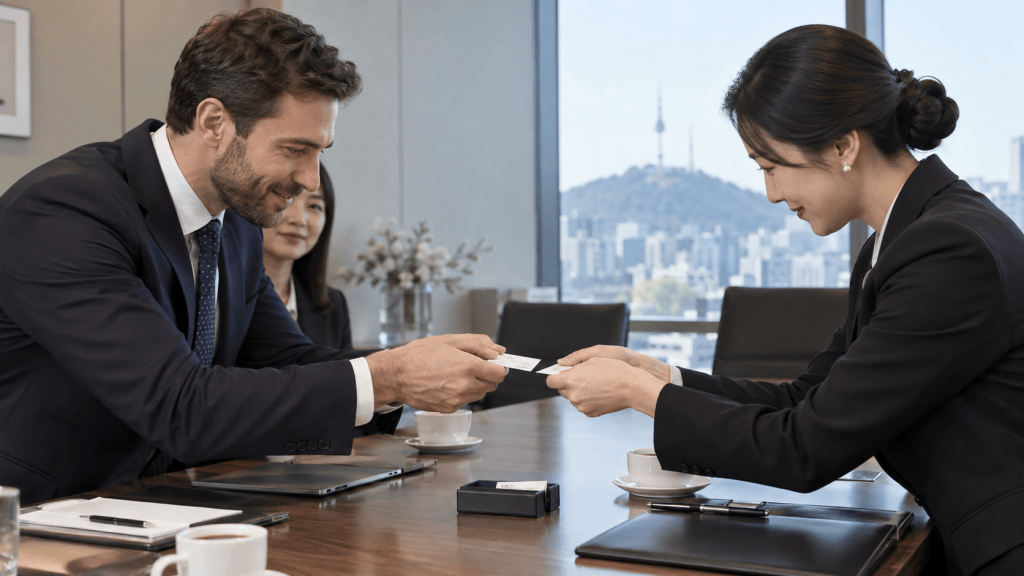 A man and woman in business attire exchange a business card in a modern office setting, with a view of a cityscape in the background.