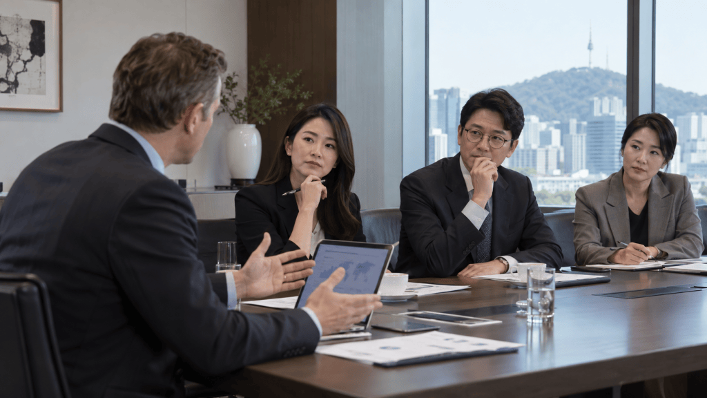 A professional business meeting in a modern conference room, featuring four individuals engaged in discussion, with a cityscape view visible through large windows.