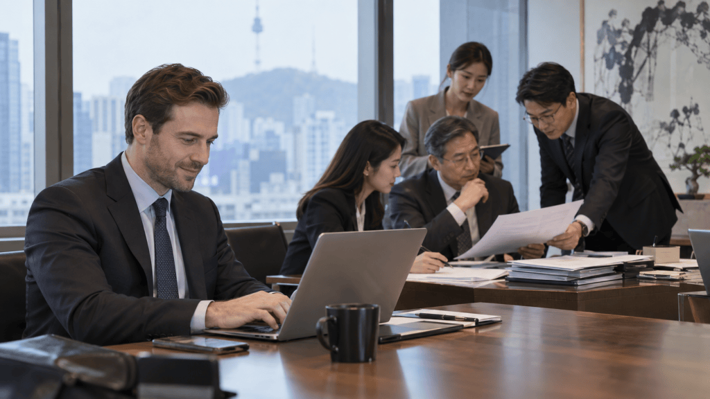 A group of professionals in a conference room discussing documents and working on laptops, with a city skyline visible through the window.
