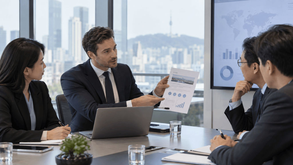 A business meeting in a modern office setting, featuring four professionals discussing a presentation while a man points to a report with graphs.