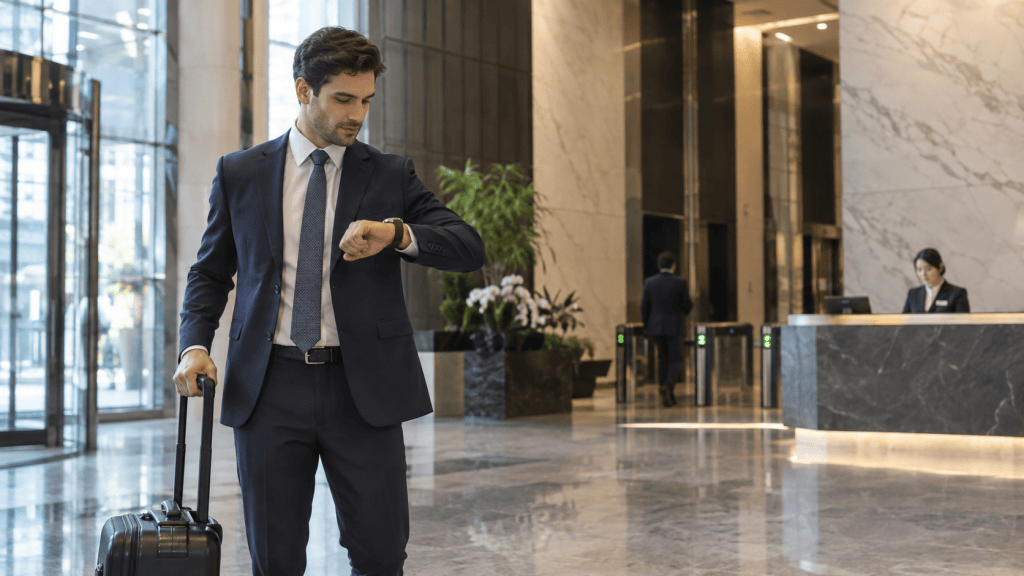 A businessman in a suit checks his watch while standing in a modern hotel lobby, holding a suitcase.