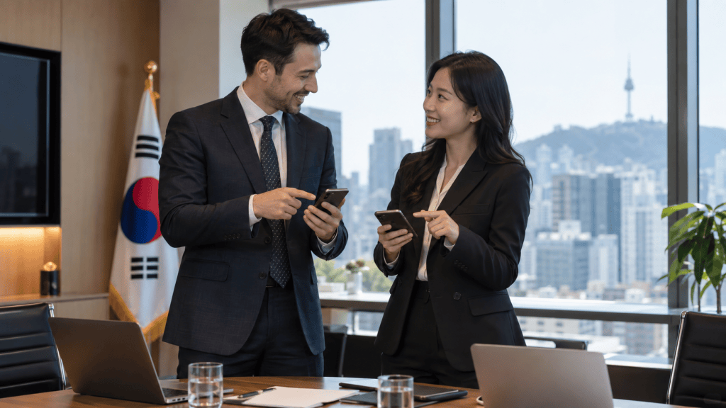 Two professionals in business attire are engaged in conversation while holding smartphones in a corporate office setting, with a view of a city skyline and the South Korean flag in the background.