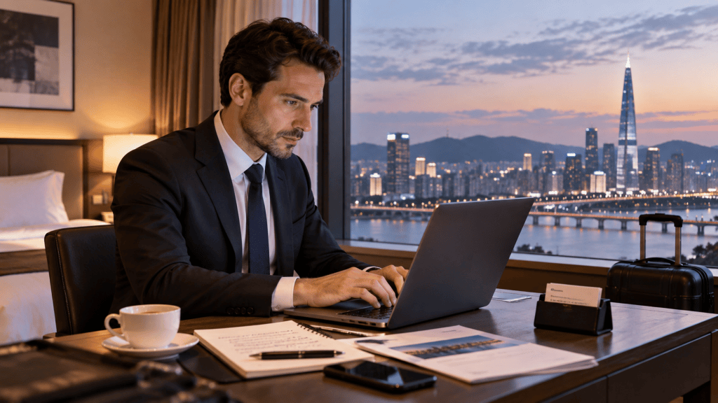 A professional man in a suit works on a laptop at a hotel desk with a city skyline view at dusk, featuring a cup of coffee and documents nearby.